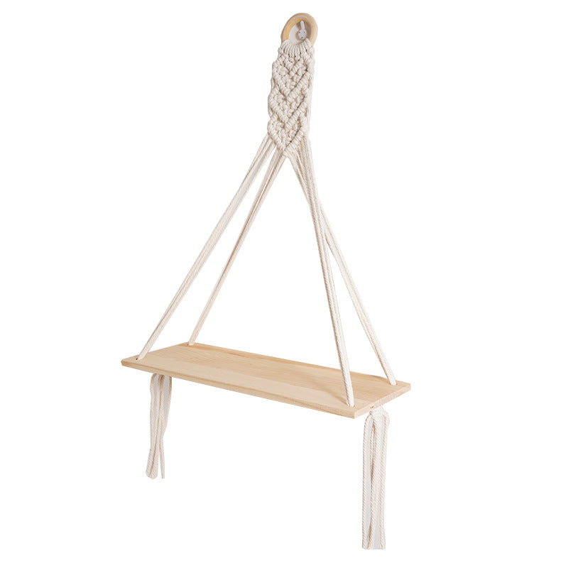 Macrame Floating Shelf with Natural Wooden Accents | Thrascher