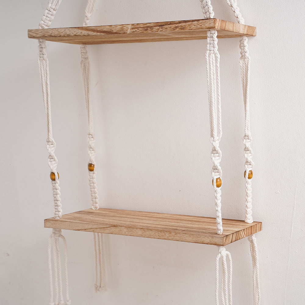 Macrame Floating Storage Shelf with Natural Wood Accents | Thrascher
