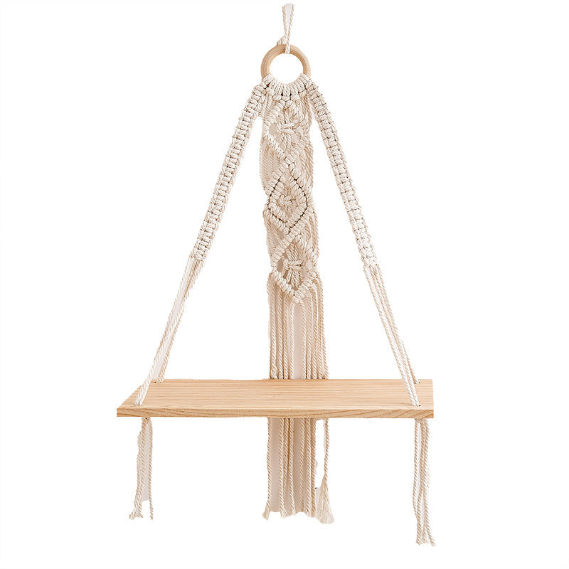 Macrame Hanging Shelf with Natural Wood Base | Thrascher