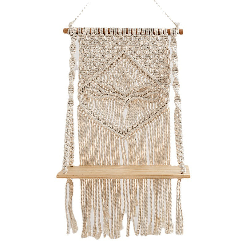 Macrame Hanging Shelf with Natural Wood Base | Thrascher