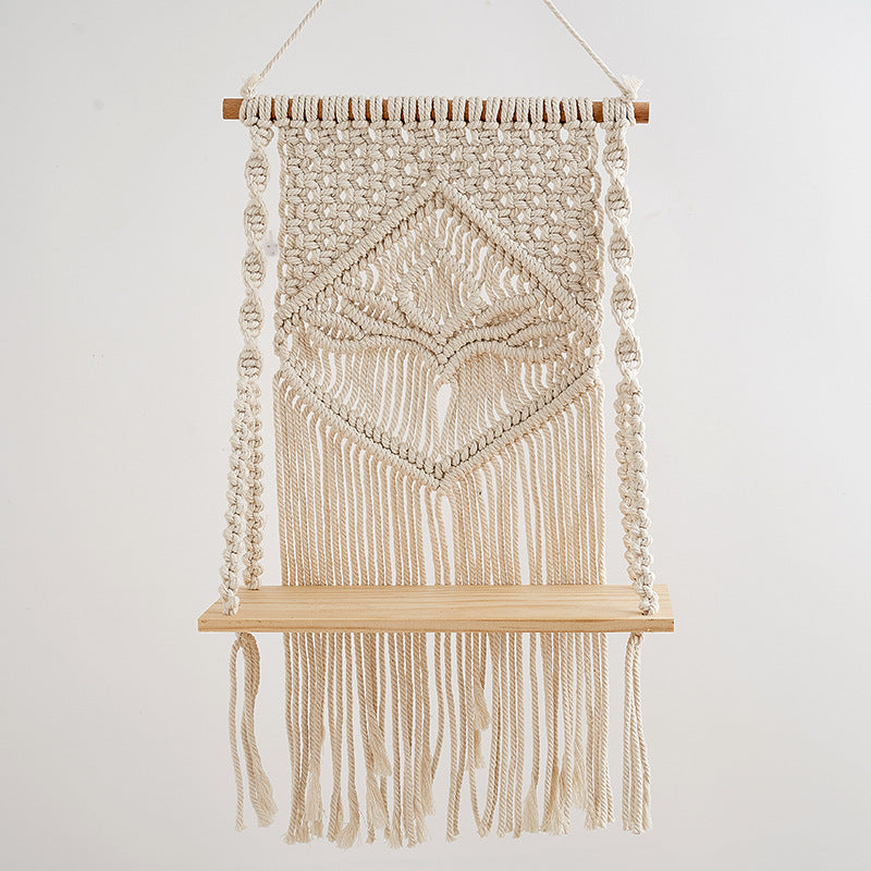 Macrame Hanging Shelf with Natural Wood Base | Thrascher