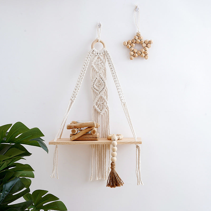 Macrame Hanging Shelf with Natural Wood Base | Thrascher