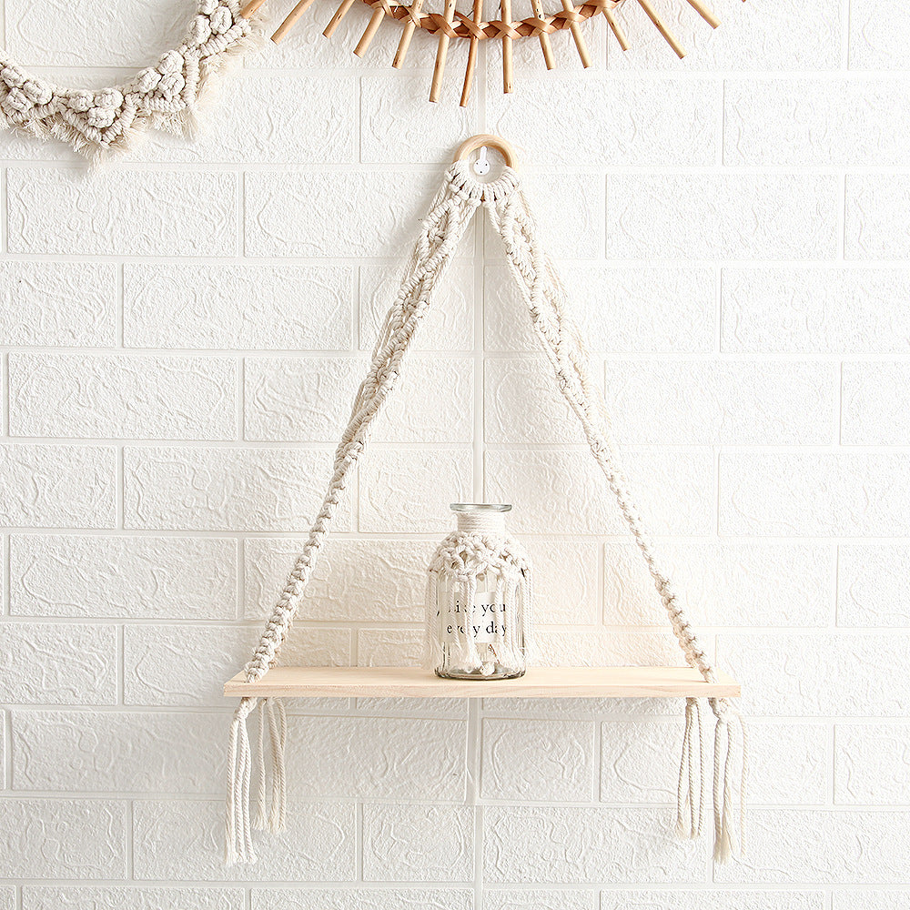 Macrame Hanging Shelf with Natural Wooden Plank | Thrascher