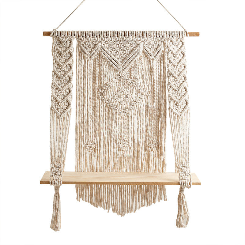 Macrame Wall Hanging Art with Wooden Shelf | Thrascher