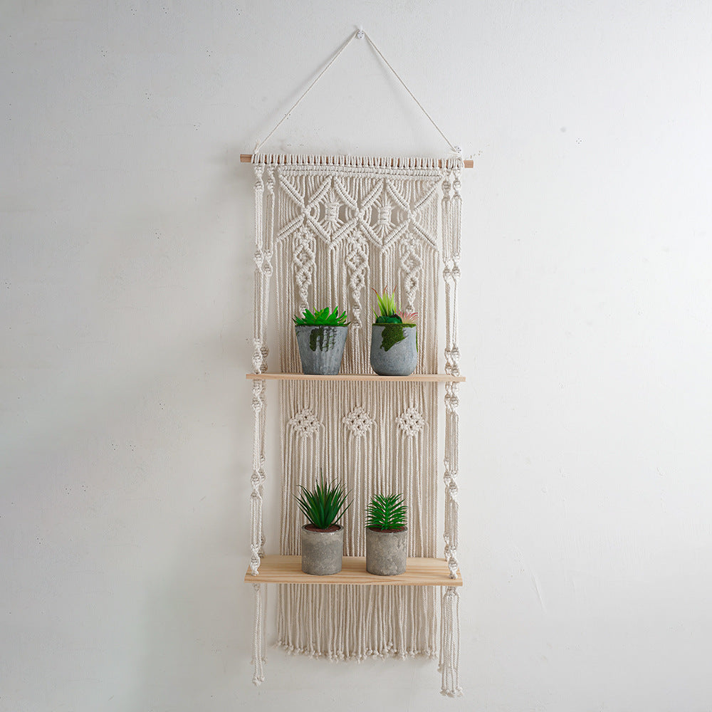 Macrame Wall Shelf with Natural Wood Accents | Thrascher