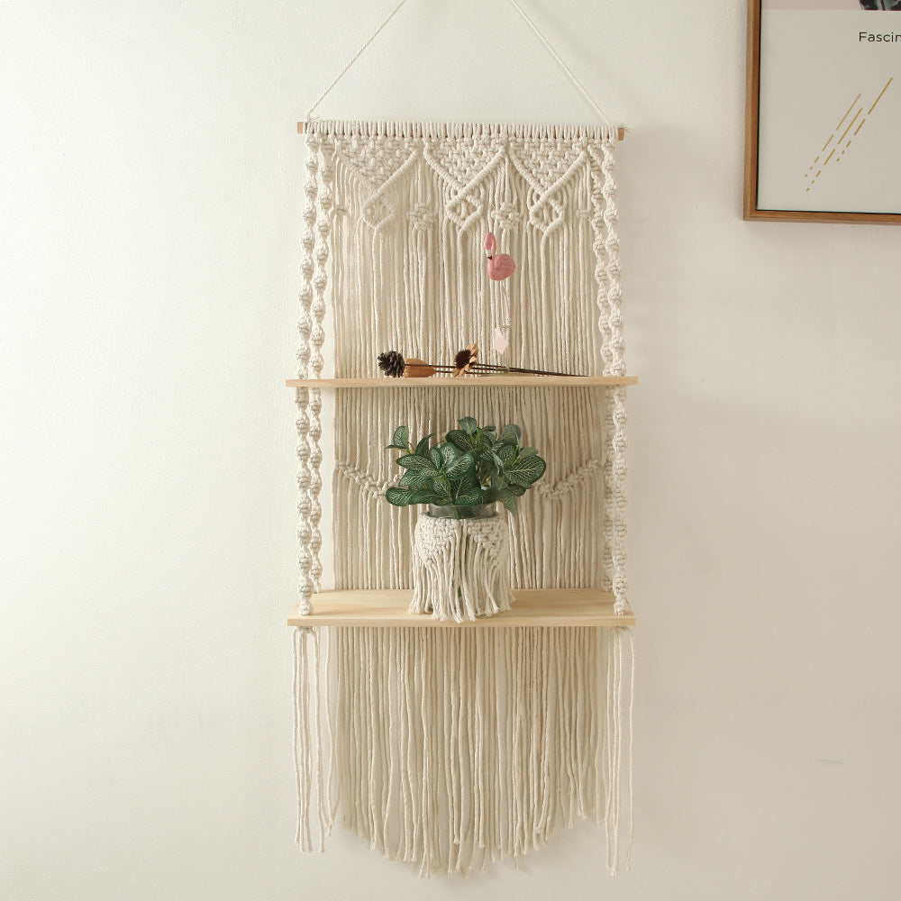 Macrame Wall Shelf with Natural Wooden Shelves | Thrascher