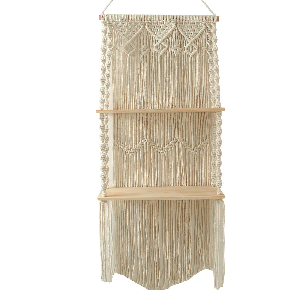 Macrame Wall Shelf with Natural Wooden Shelves | Thrascher