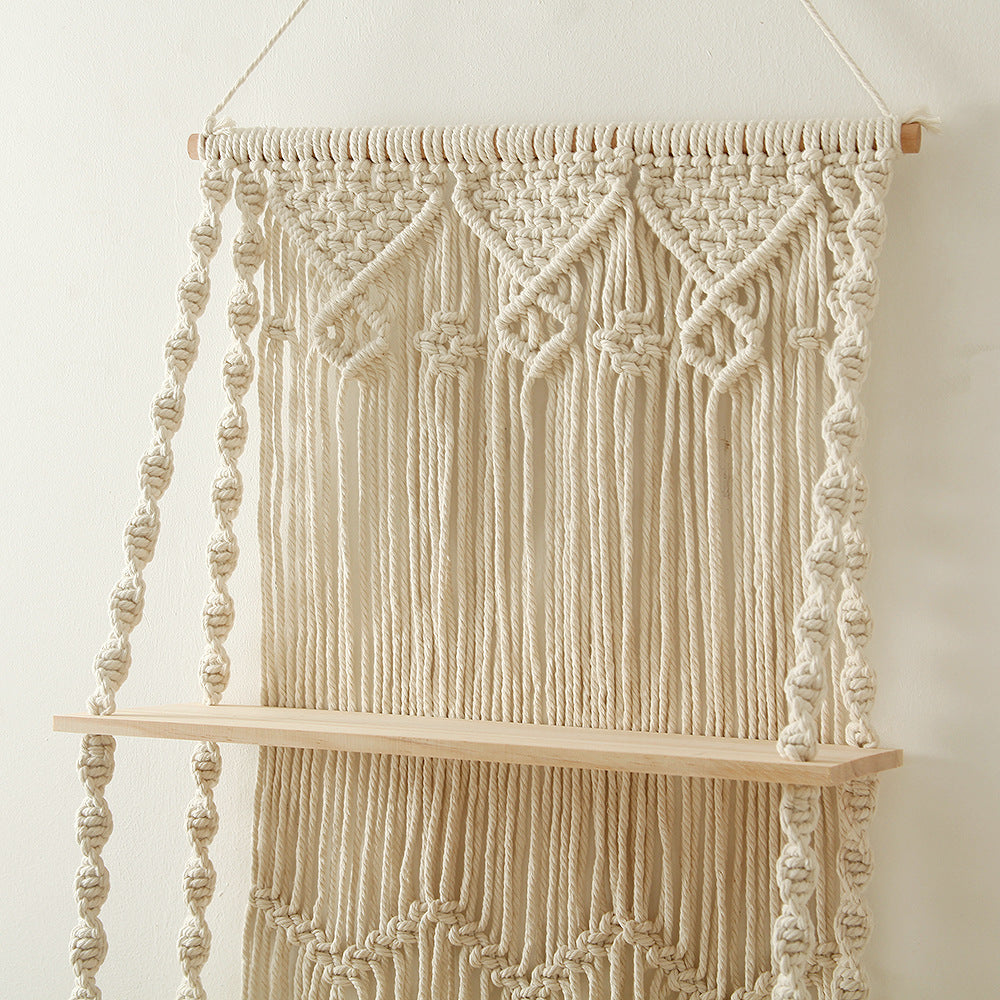Macrame Wall Shelf with Natural Wooden Shelves | Thrascher
