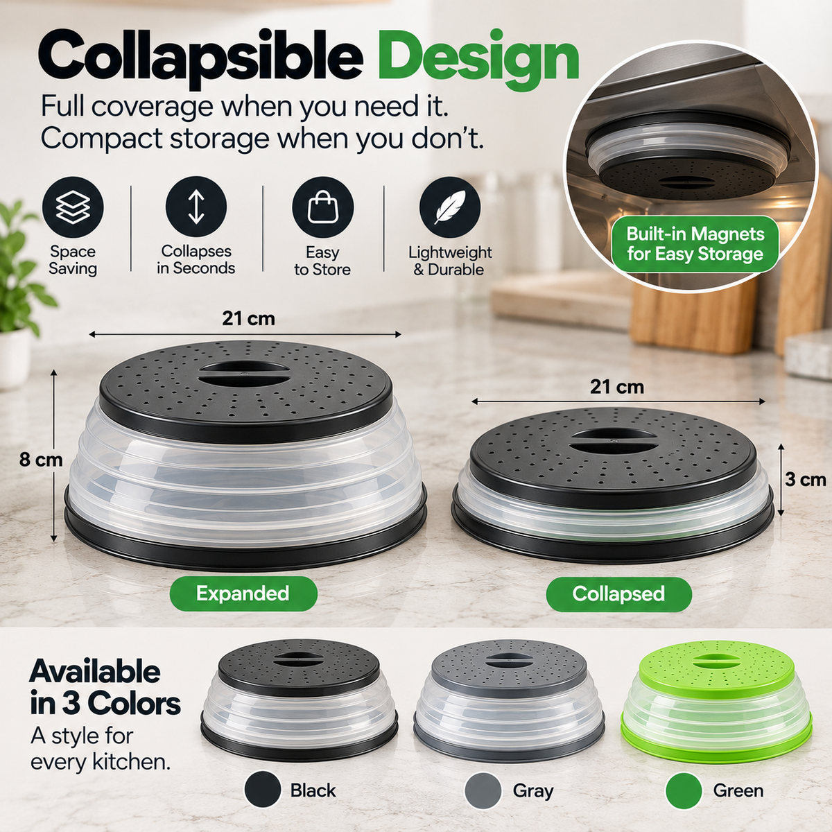 Magnetic Collapsible Microwave Splatter Cover, 21 cm Top, 26.5 cm Base