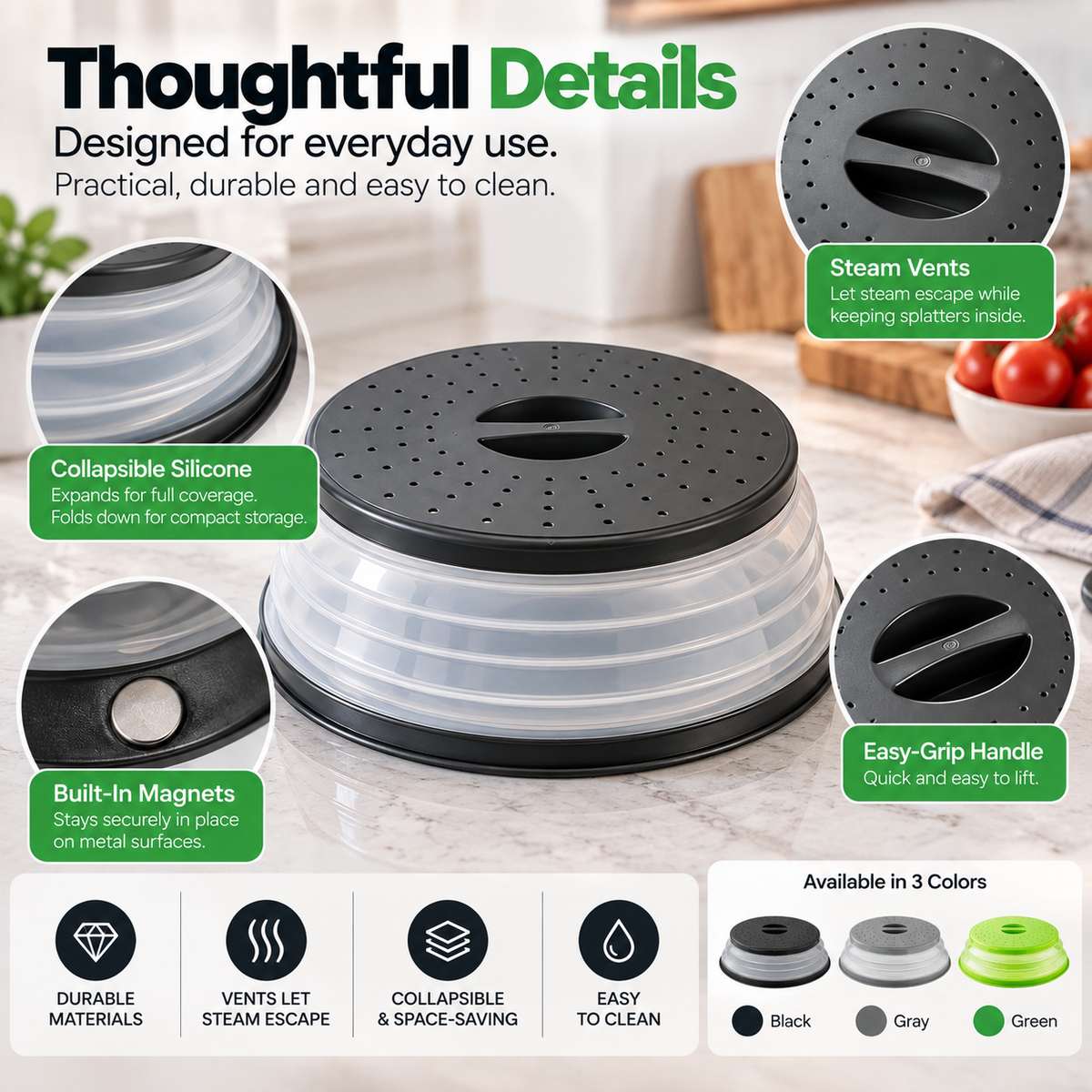Magnetic Collapsible Microwave Splatter Cover, 21 cm Top, 26.5 cm Base