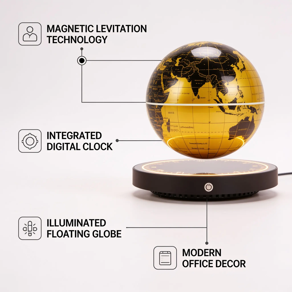 Magnetic Levitation Globe Lamp with Rotating Globe and Digital Clock Base, view 8