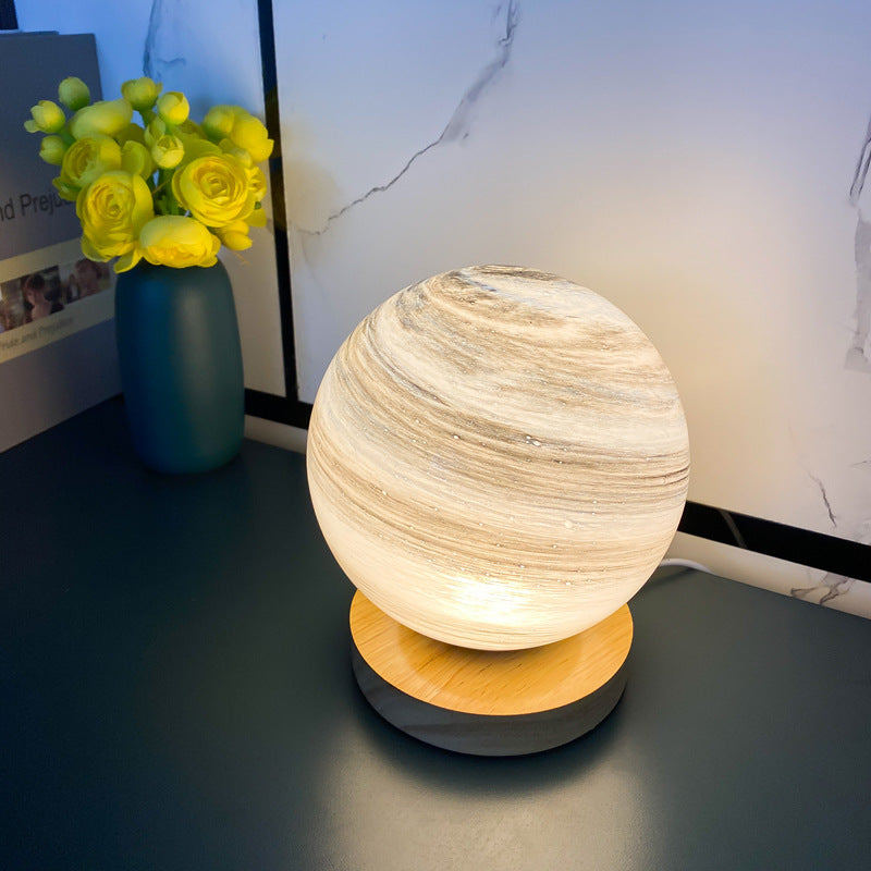 Marbled Orb Table Lamp with Wooden Base | Thrascher