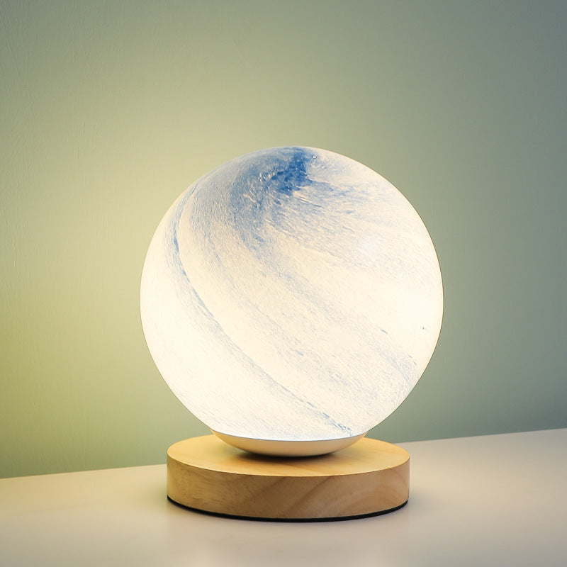Marbled Orb Table Lamp with Wooden Base | Thrascher