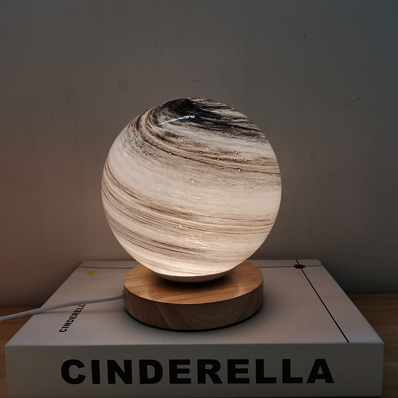 Marbled Orb Table Lamp with Wooden Base | Thrascher