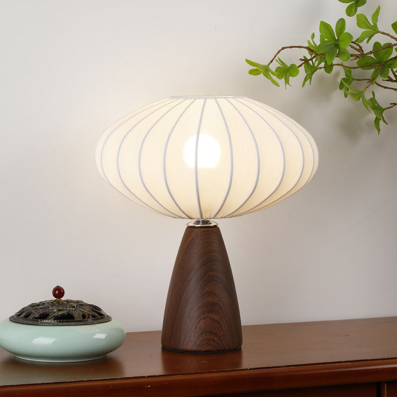 Mid-Century Wood Grain Cone Base Mushroom Fabric Table Lamp | Thrascher
