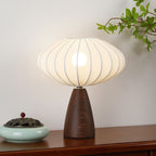 Mid-Century Wood Grain Cone Base Mushroom Fabric Table Lamp | Thrascher