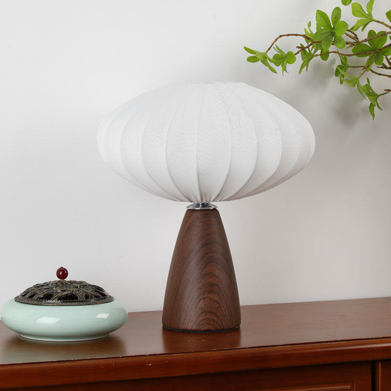 Mid-Century Wood Grain Cone Base Mushroom Fabric Table Lamp | Thrascher