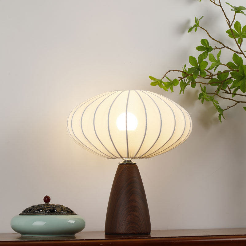 Mid-Century Wood Grain Cone Base Mushroom Fabric Table Lamp | Thrascher