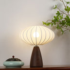 Mid-Century Wood Grain Cone Base Mushroom Fabric Table Lamp | Thrascher