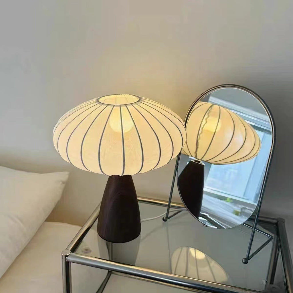 Mid-Century Wood Grain Cone Base Mushroom Fabric Table Lamp | Thrascher