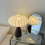 Mid-Century Wood Grain Cone Base Mushroom Fabric Table Lamp | Thrascher