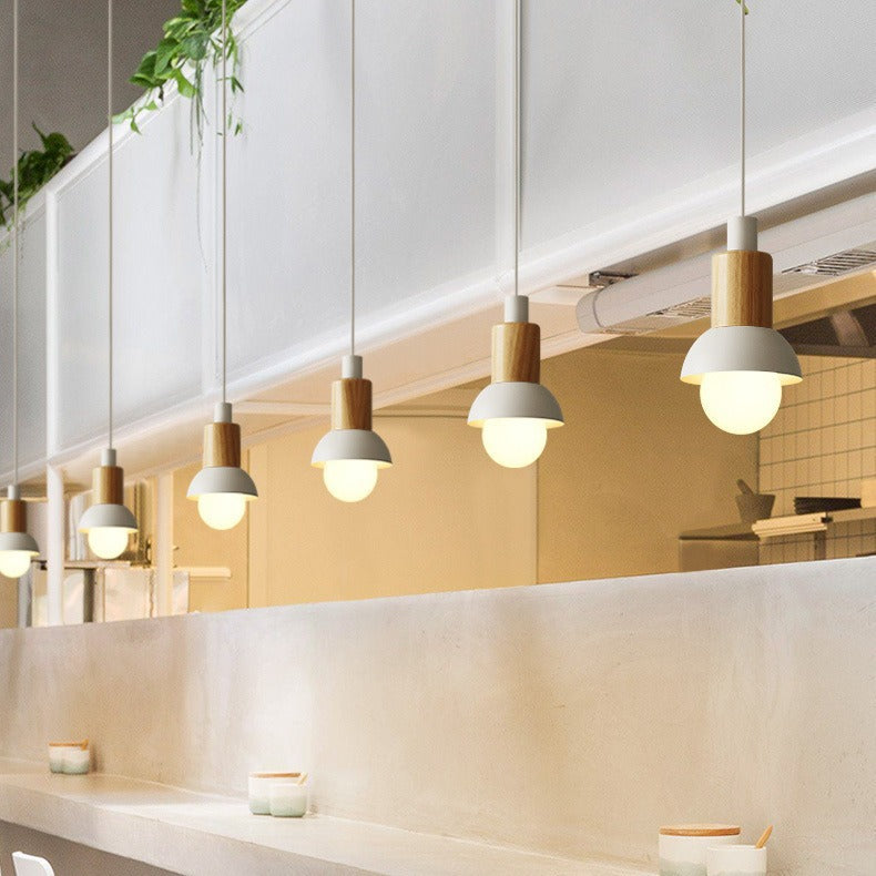 Minimalist Wood and Metal Pendant Lamp with Small Shade Dome | Thrascher