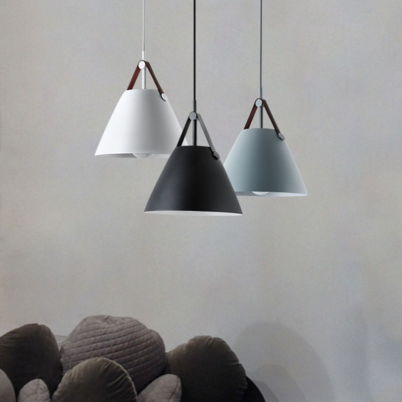 Modern Cone Pendant Light with Leather Band Accent | Thrascher