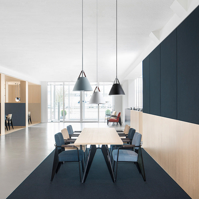Modern Cone Pendant Light with Leather Band Accent | Thrascher