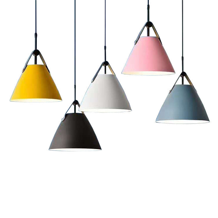 Modern Cone Pendant Light with Leather Band Accent | Thrascher