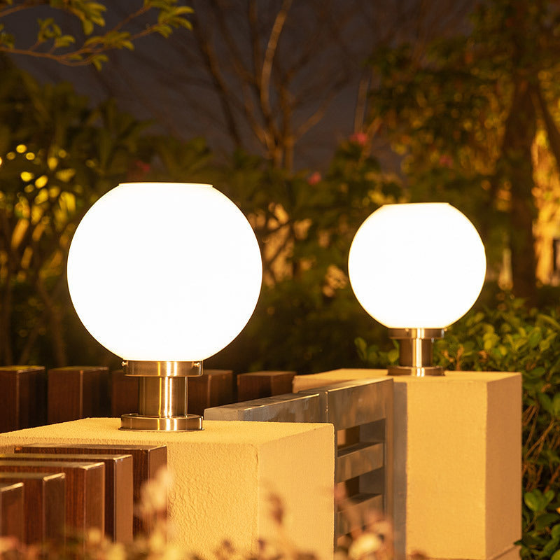Modern Globe Fence Post Lights, Stainless Steel Base, Solar Options