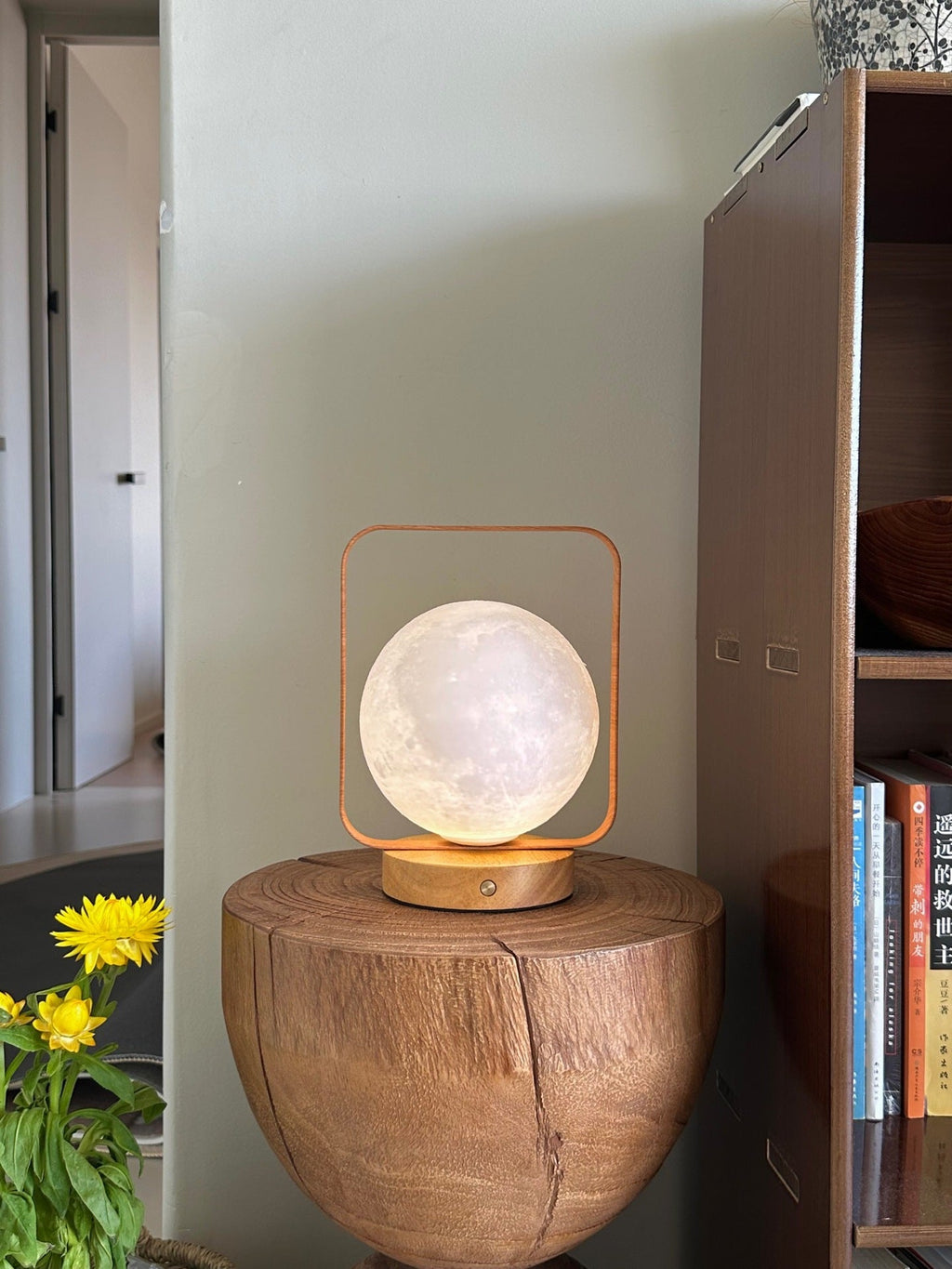 Moon Globe Ambient Table Lamp with Wooden Base and Copper Frame | Thrascher