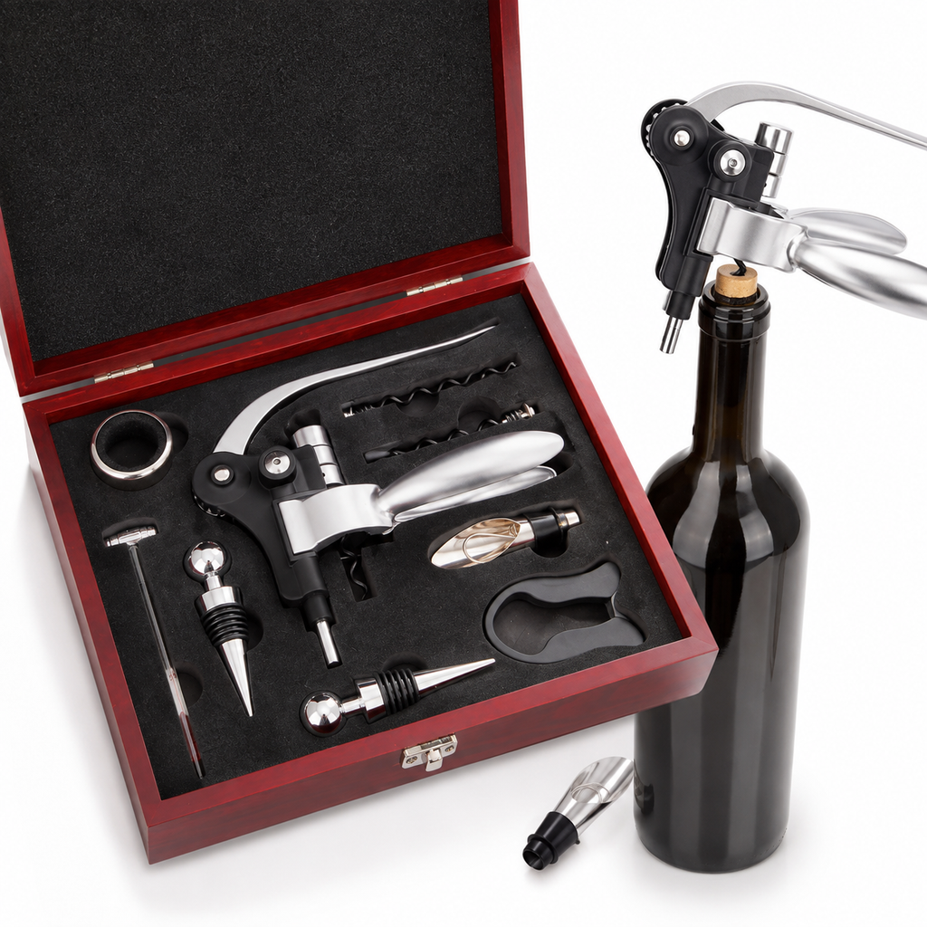 Nine-Piece Wine Accessory Gift Set with Lever Corkscrew and Serving Tools