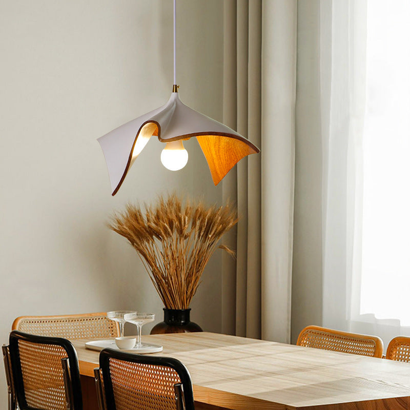 Organic Curved Wood-Look Resin Pendant Light with Draped Petal Shade | Thrascher