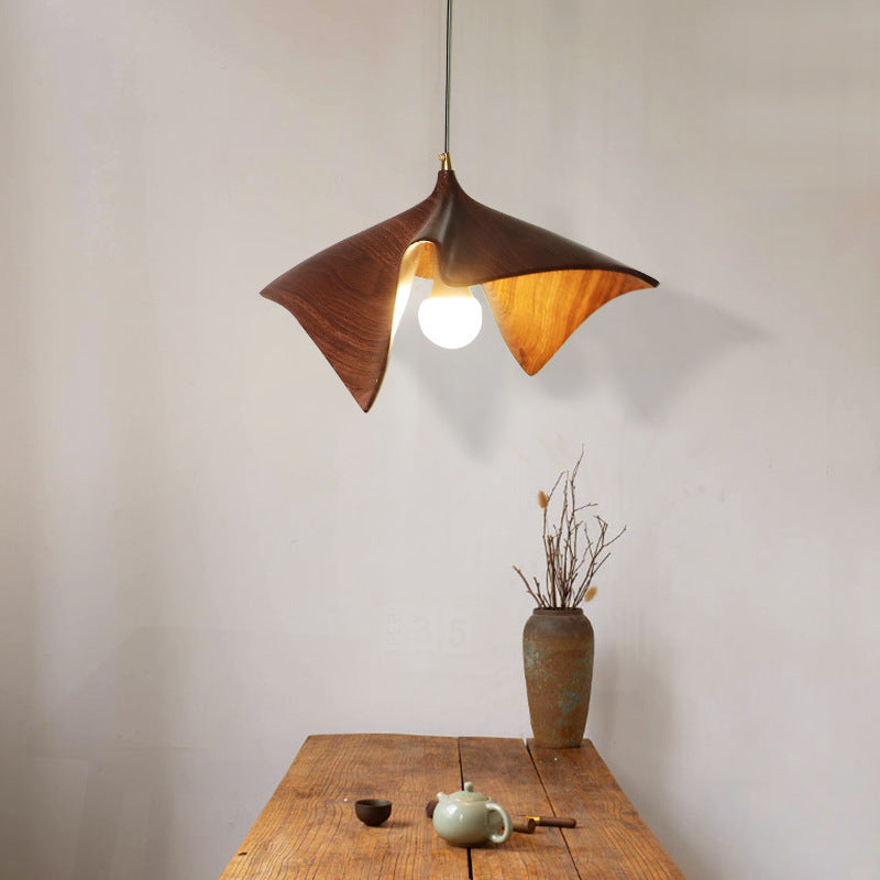 Organic Curved Wood-Look Resin Pendant Light with Draped Petal Shade | Thrascher