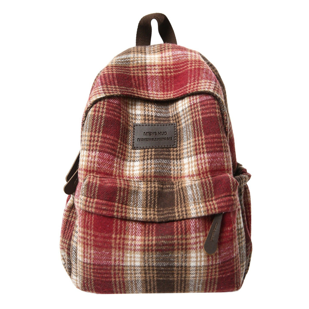 Plaid School Backpack with Padded Shoulder Straps and Leather-Like Accents, view 2