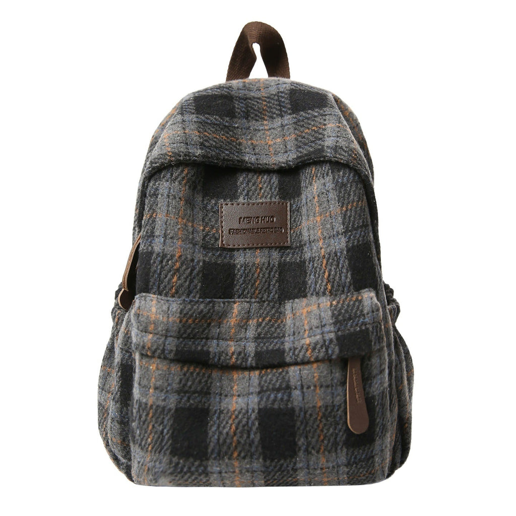 Plaid School Backpack with Padded Shoulder Straps and Leather-Like Accents