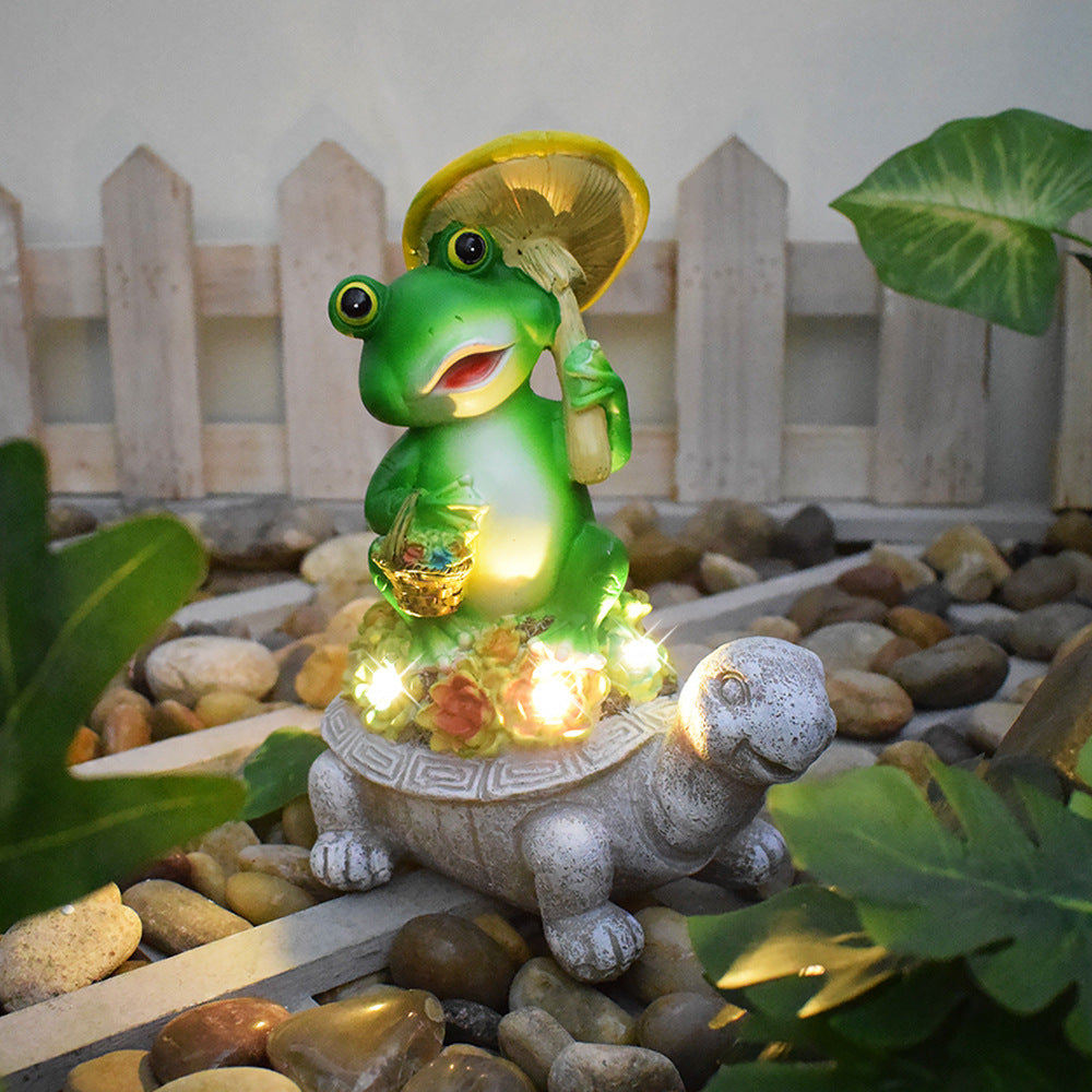 Playful Solar-Powered LED Garden Statue Frog on Turtle Resin Ornament | Thrascher