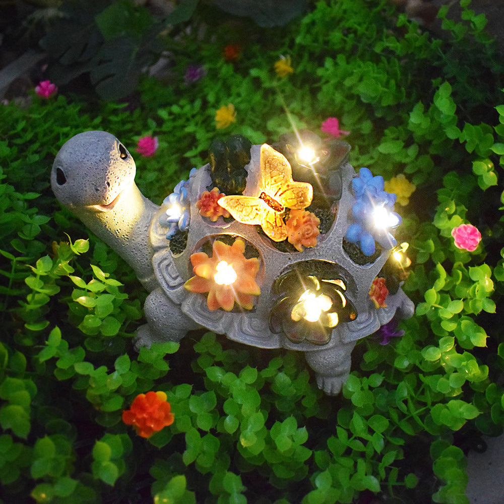 Playful Solar-Powered LED Garden Statue Frog on Turtle Resin Ornament | Thrascher