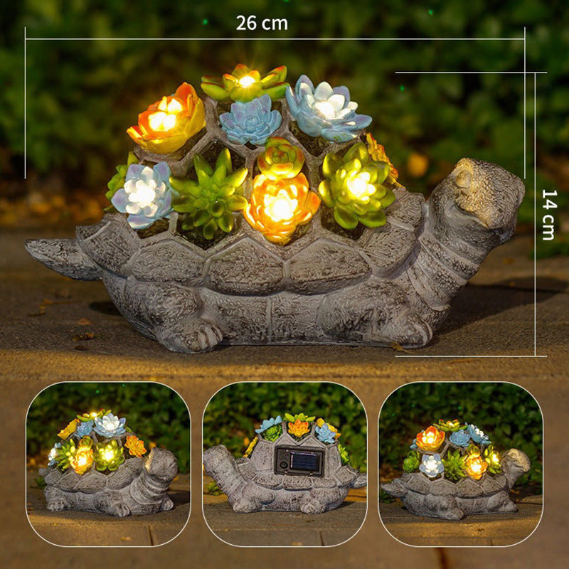 Playful Solar-Powered LED Garden Statue Frog on Turtle Resin Ornament | Thrascher