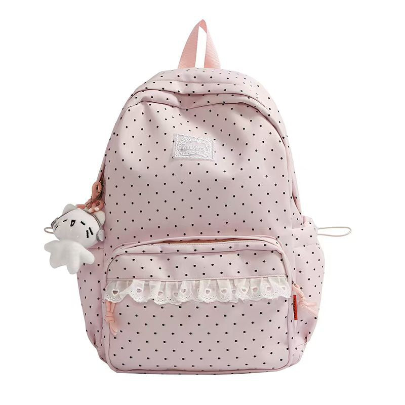 Polka Dot Ruffled Backpack with Water-Resistant Fabric and Front Pocket, view 3