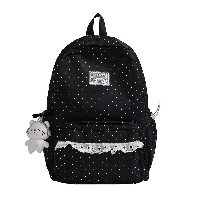 Polka Dot Ruffled Backpack with Water-Resistant Fabric and Front Pocket, view 4