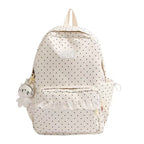 Polka Dot Ruffled Backpack with Water-Resistant Fabric and Front Pocket