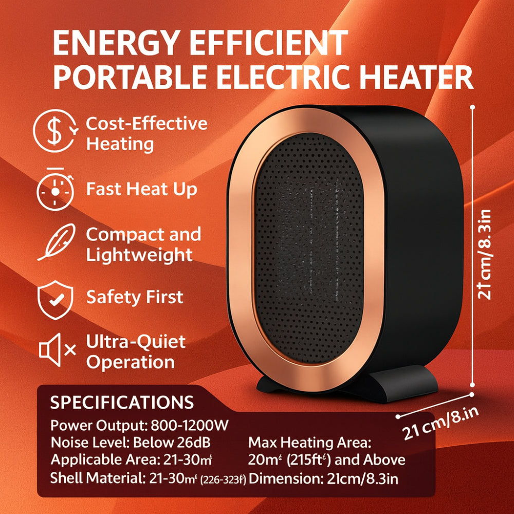 Portable Ceramic PTC Space Heater, 800–1200 W, Home & Office, view 2