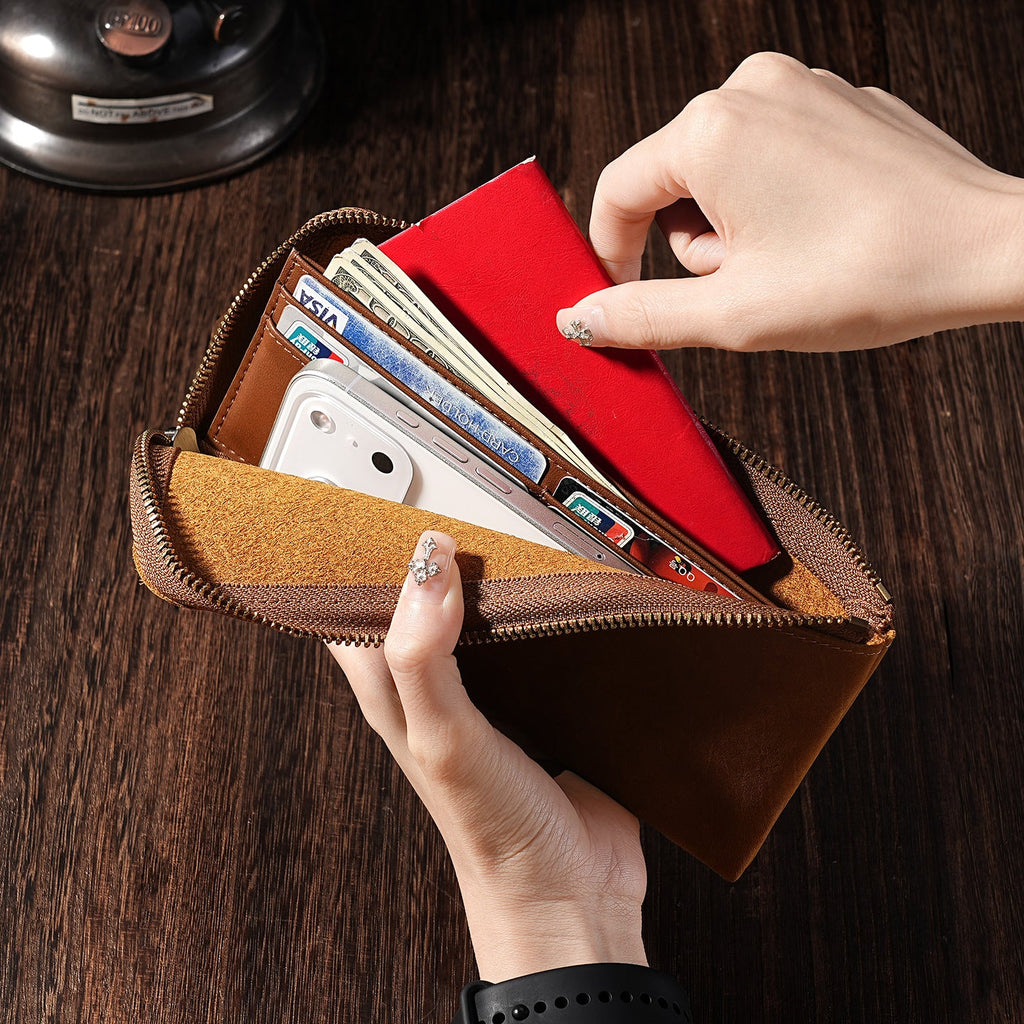 Premium Leather Zippered Travel Wallet with RFID, Multiple Compartments, view 4