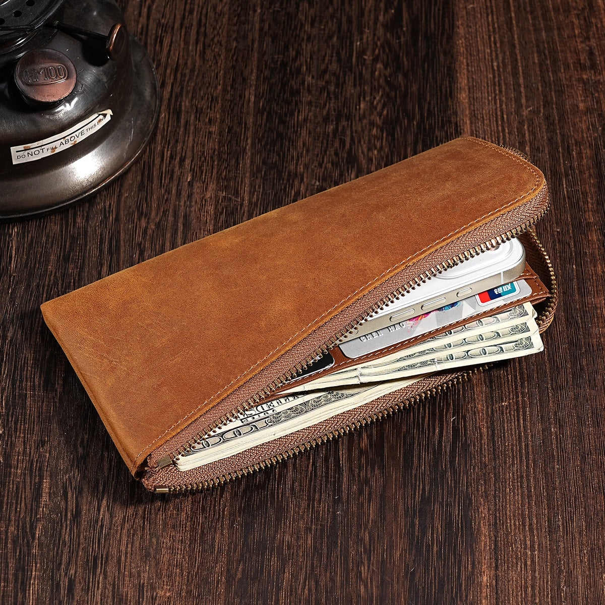 Premium Leather Zippered Travel Wallet with RFID, Multiple Compartments, view 5