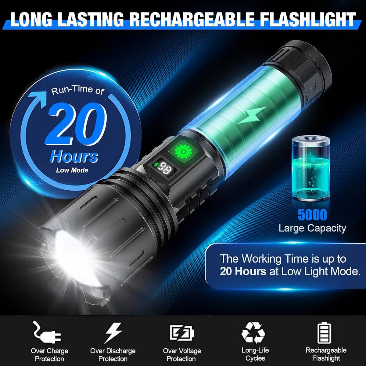 Rechargeable LED Flashlight with USB-C Charging and LCD Display, view 5