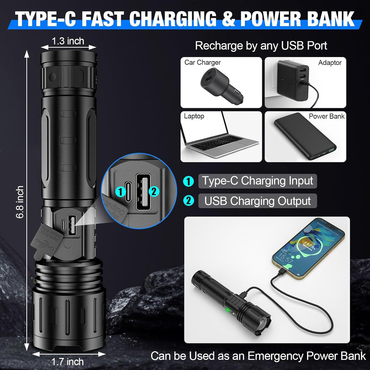 Rechargeable LED Flashlight with USB-C Charging and LCD Display, view 6