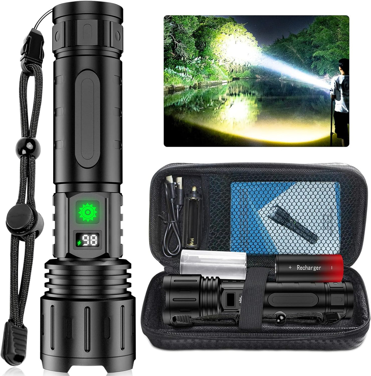 Rechargeable LED Flashlight with USB-C Charging and LCD Display