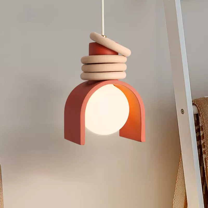 Scandinavian Arch-Shade Pendant Lamp with Wood Ring Accents and Frosted Globe | Thrascher