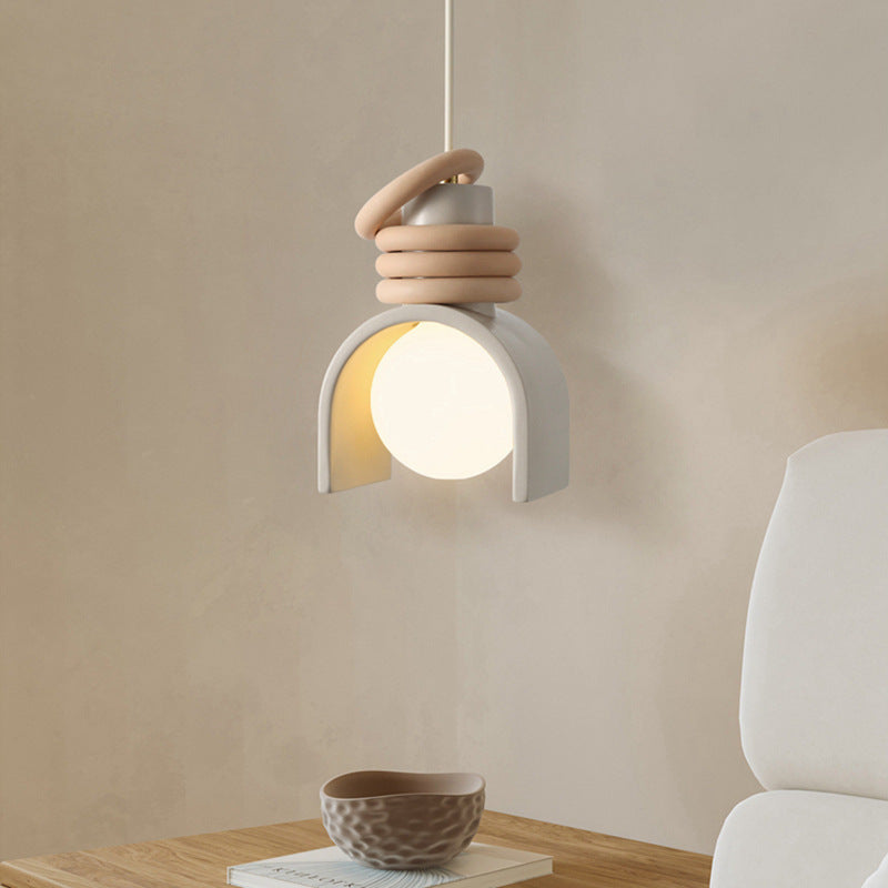 Scandinavian Arch-Shade Pendant Lamp with Wood Ring Accents and Frosted Globe | Thrascher